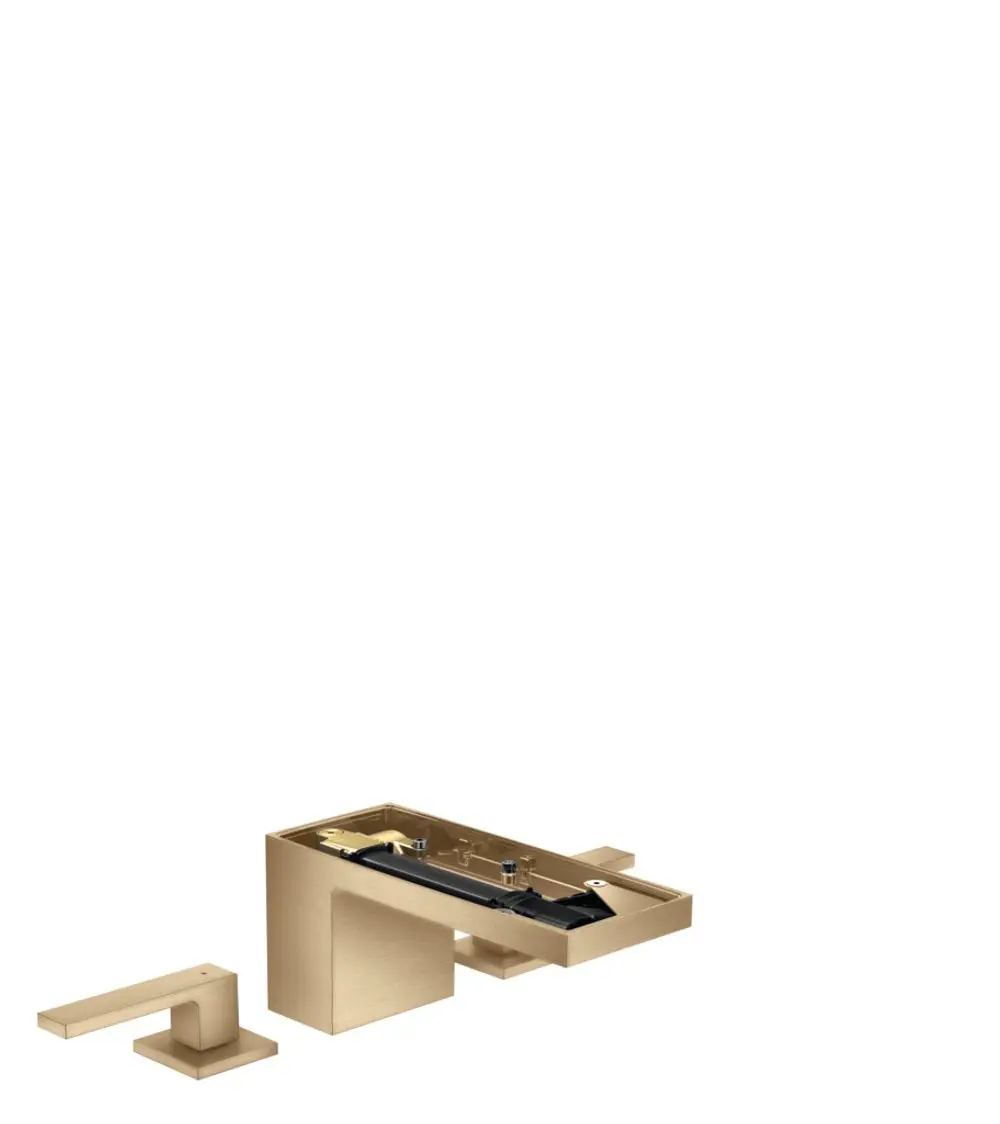 AXOR Waschtischarmatur in Brushed Bronze, bestehend aus einer Hauptarmatur und einem separaten Hebel. Kein Plattendesign sichtbar. Push-Open Ablaufgarnitur integriert.
